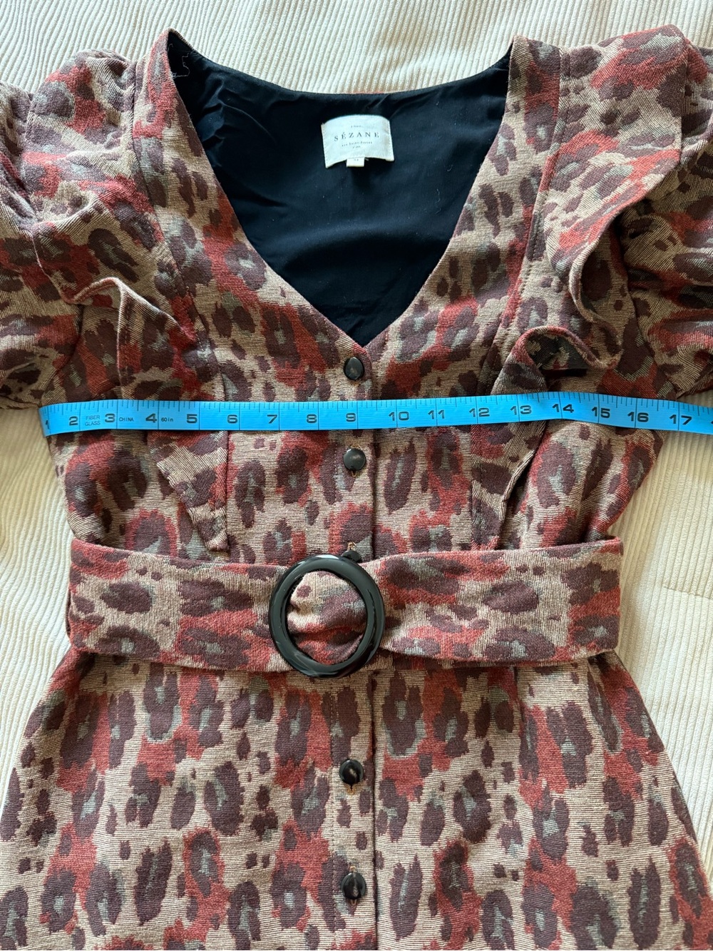 Sezane Lia Dress Jacquard Leopard Bordeaux Belted Mini Ruffle FR 34 US 2 - Picture 14 of 15